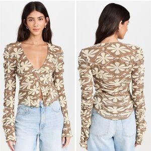 Free People Through the Meadow Foral V-Neck Top in Dried Basil